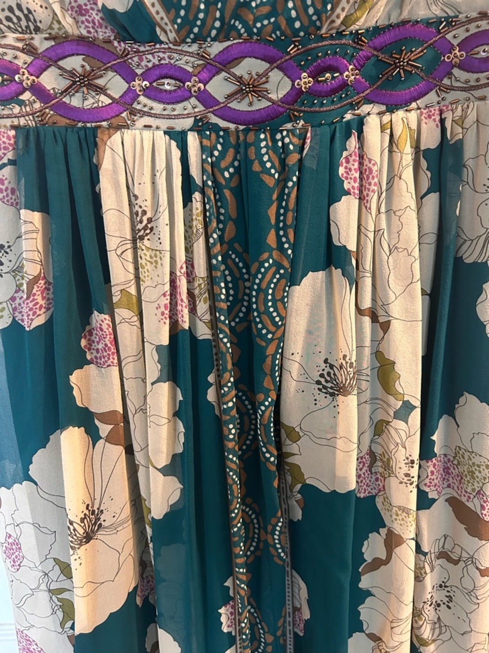 Adrianna Papell Teal Floral V-Neck Silk Cocktail Dress w/beading, embroidery - Picture 7 of 13